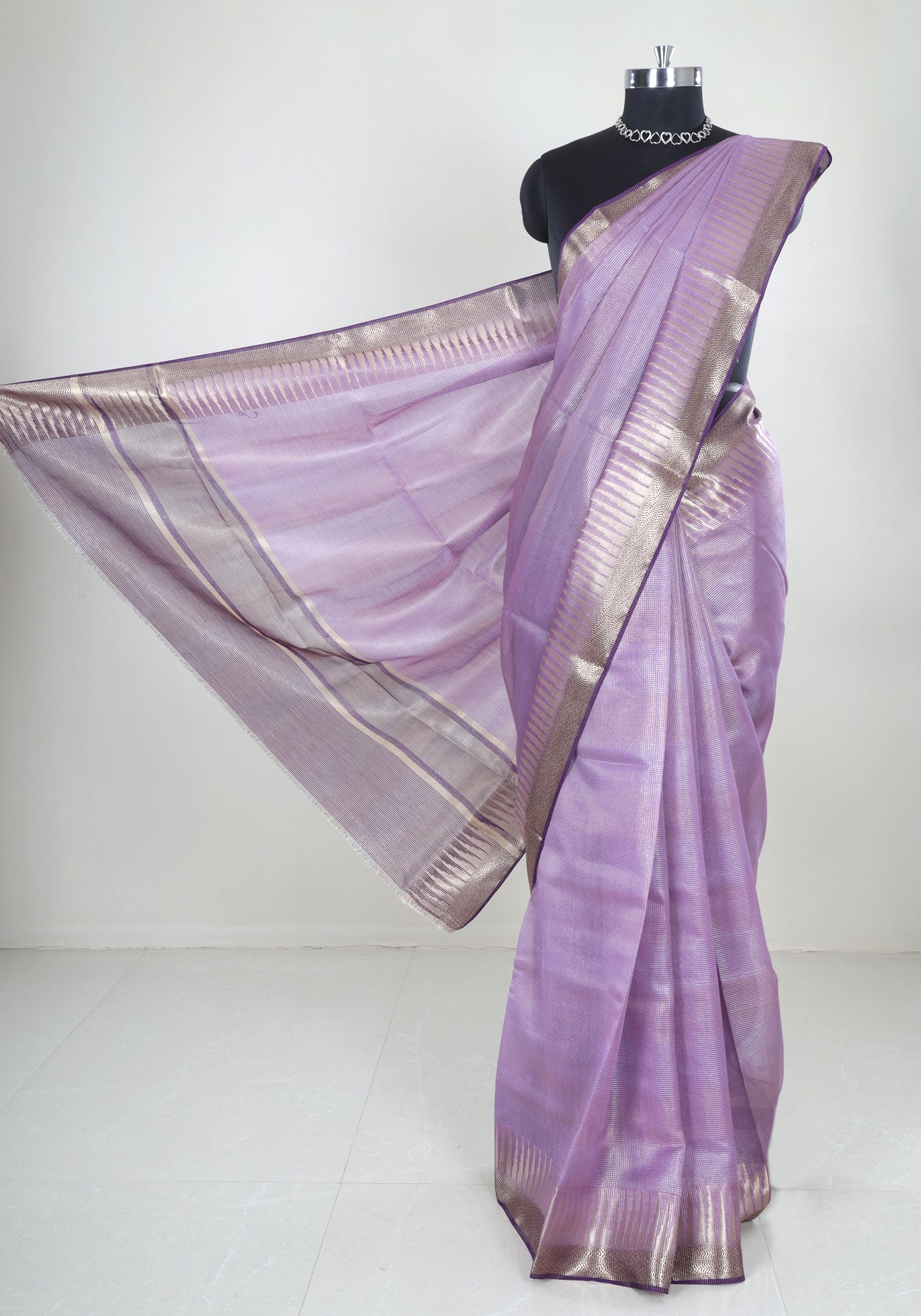 Lavender Silver Border Banaras Tissue Silk Saree - BCS-1-1001 image 2